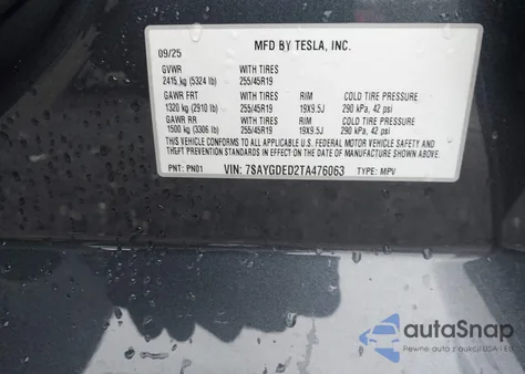 2026 Tesla Model Y Premium Rear-Wheel Drive/Standard Rear-Wheel Drive z USA, uszkodzony, nr VIN 7SAYGDED2TA476063